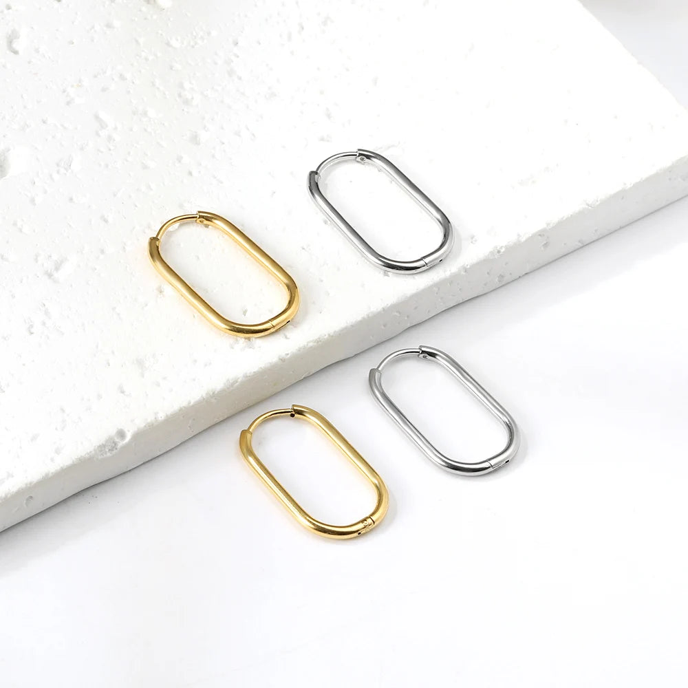 Brincos de Argola Oval Retangular em Aço Inoxidável – Antialérgicos, Dourado ou Prateado