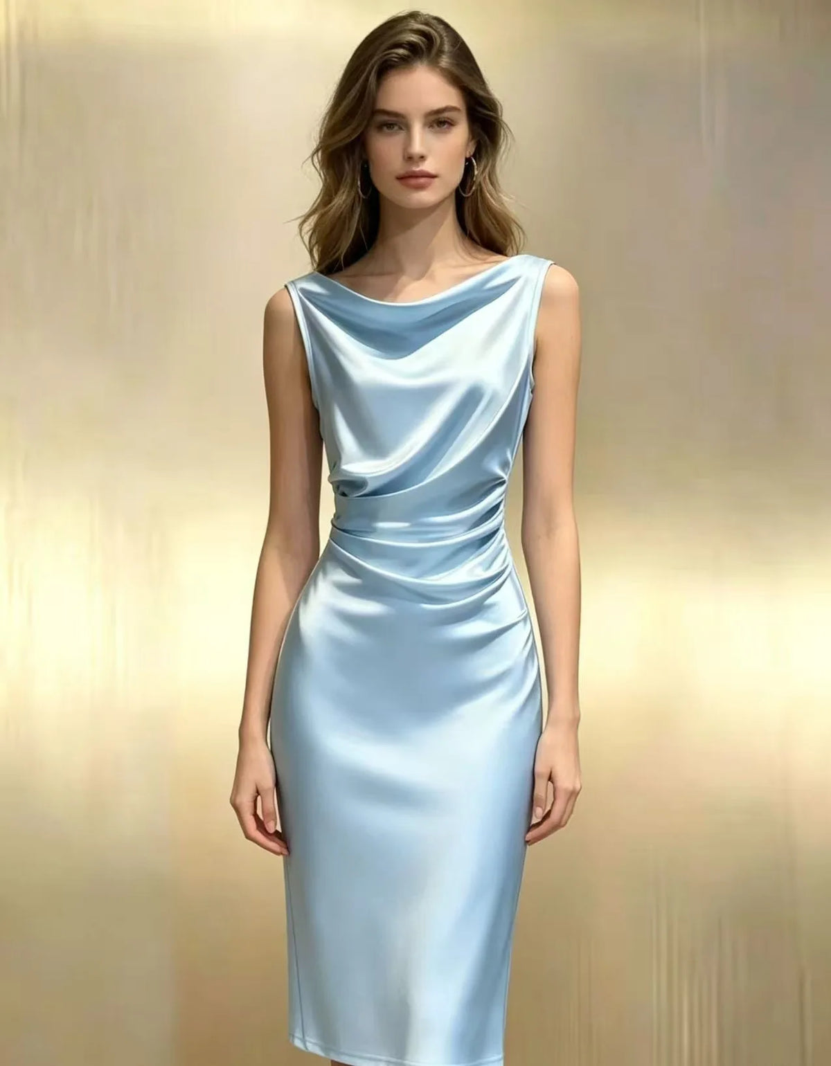 Vestido Midi Plissado Sem Mangas Elegante Estilo Francês