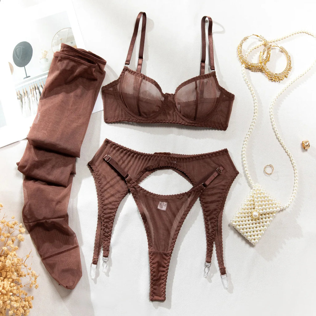 Conjunto de Lingerie 4 Peças em Tule com Meias