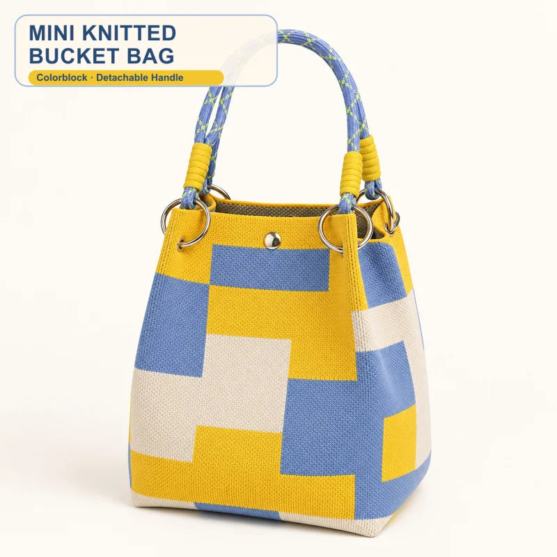Mini Bolsa Bucket de Tricô Feminina com Alça Removível – Bolsa de Mão Geométrica Colorida