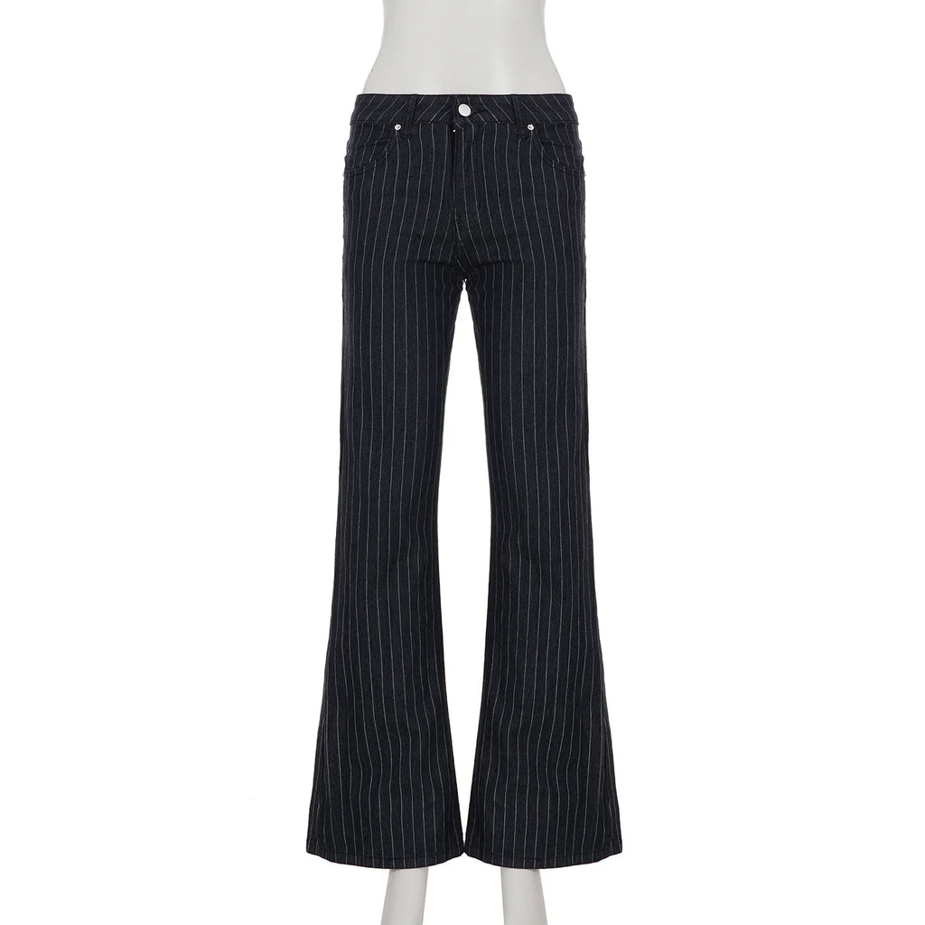 Calça Jeans Boot Cut Y2K Cintura Baixa Preta Listrada