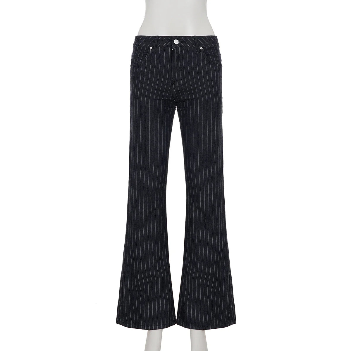 Calça Jeans Boot Cut Y2K Cintura Baixa Preta Listrada
