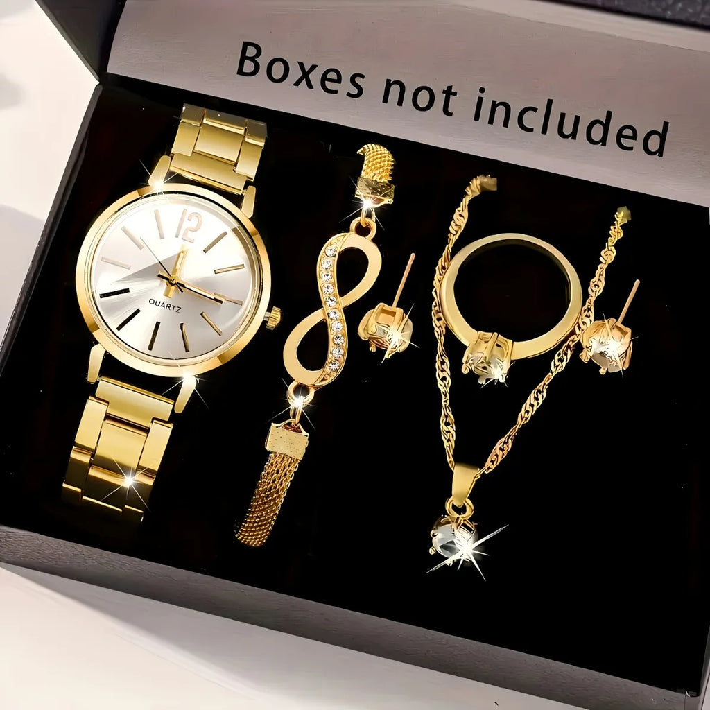 Kit 6 Peças Relógio Feminino de Quartzo com Pulseira, Colar, Brincos e Anel de Cristais (Sem Caixa)