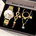 Kit 6 Peças Relógio Feminino de Quartzo com Pulseira, Colar, Brincos e Anel de Cristais (Sem Caixa)