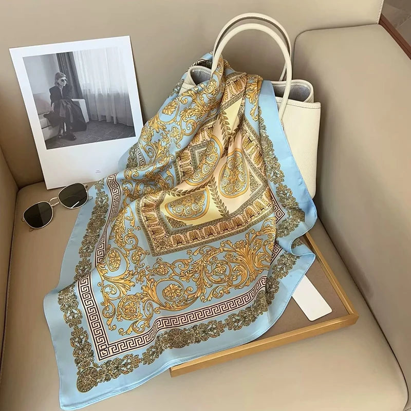 Lenço de Cetim Quadrado Estampado 70x70cm – Bandana Elegante para Cabelo, Pescoço e Bolsa