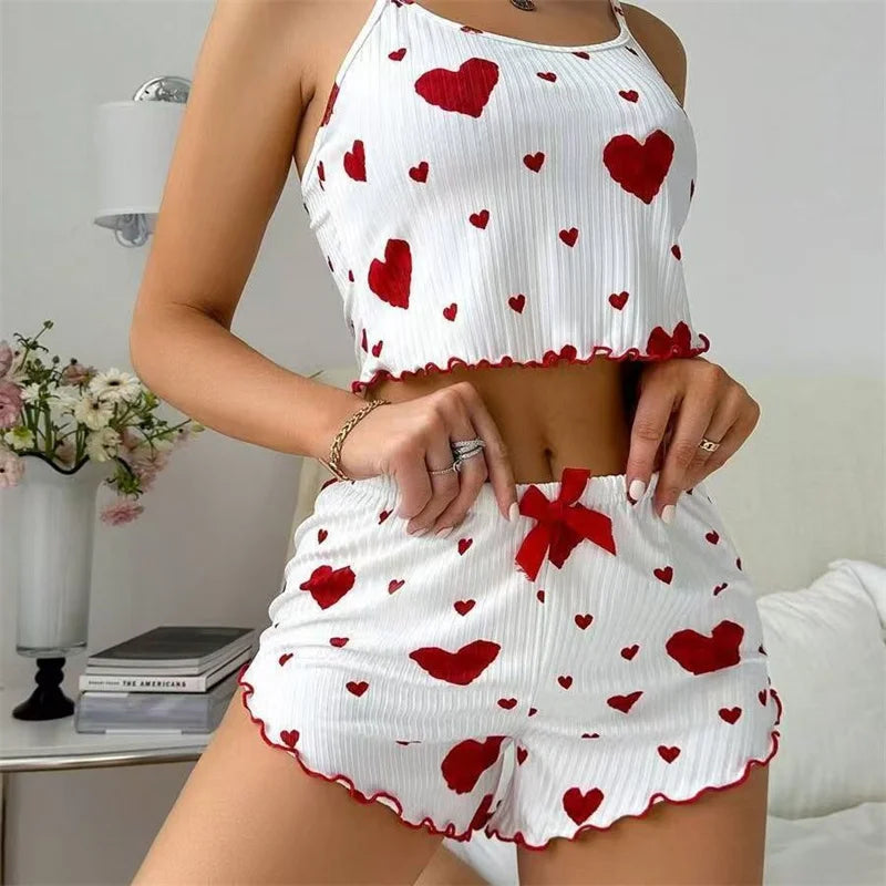Conjunto Pijama Feminino Regata e Short com Estampa de Coração Vermelho Lingerie Sexy (P ao GG)
