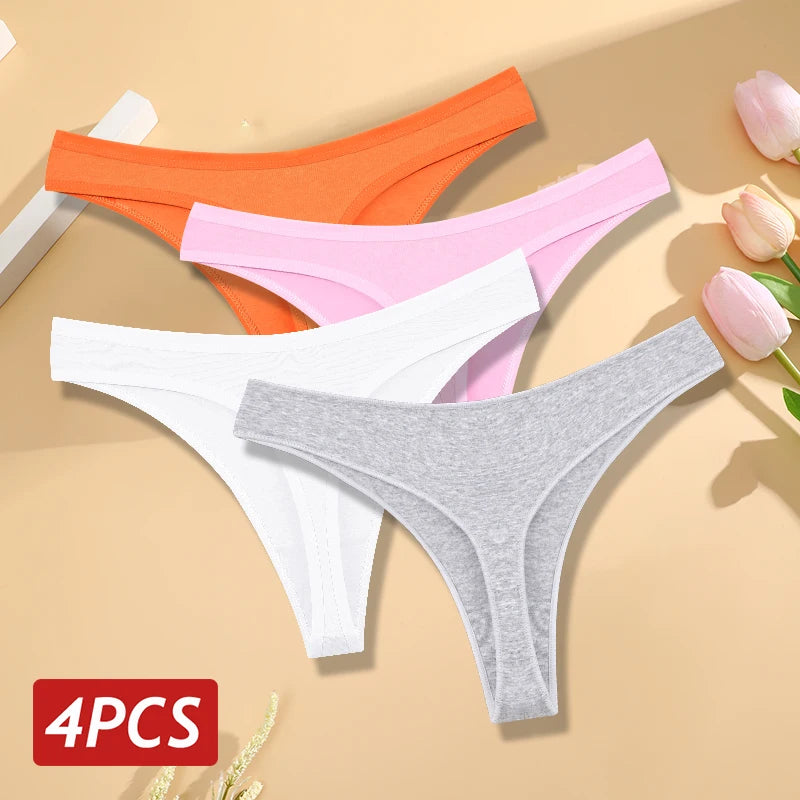 Kit 4 Calcinhas Fio Dental de Algodão Sem Costura Cintura Baixa em V Respirável Feminina