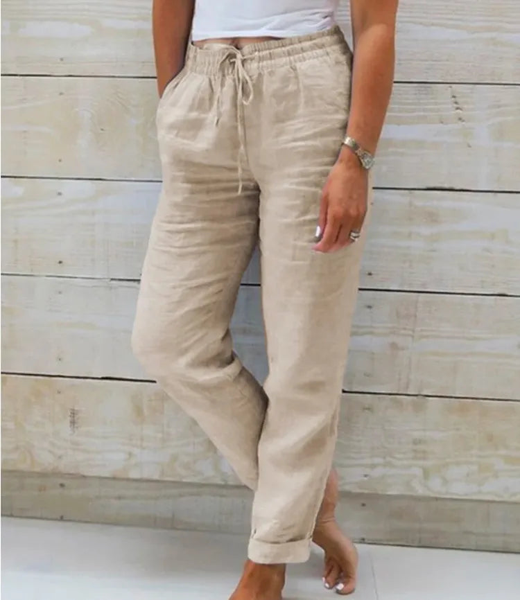 Calça Pantalona Feminina de Algodão e Linho com Cintura Elástica