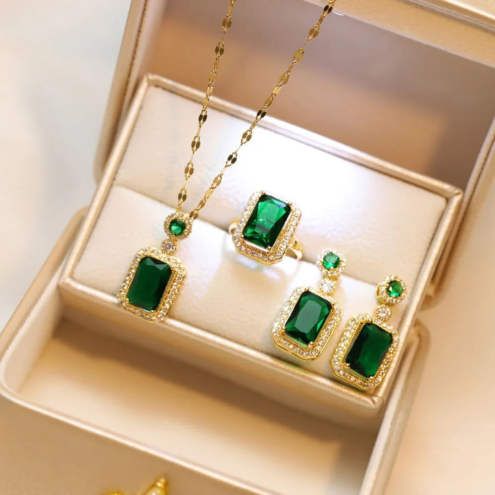 Conjunto 4 Peças Colar, Brincos e Anel com Strass Quadrado para Noiva e Festa