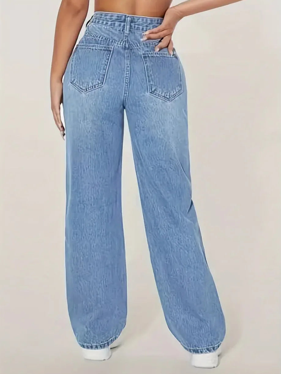 Calça Jeans Azul Rasgada Feminina Barra Desfiada