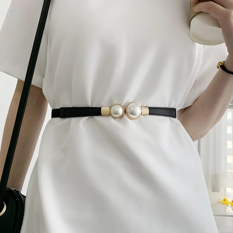 Cinto Feminino Corrente com Pérolas Elástico Ajustável – Fino e Elegante