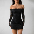 Vestido Curto Ombro a Ombro de Renda Manga Longa