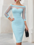 Vestido Midi Tubinho Ombro a Ombro Tule Manga Longa