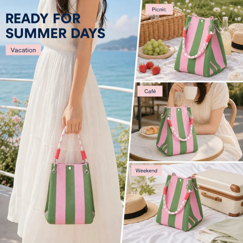 Bolsa Tote Mini de Crochê Listrada Estilo Coreano – Leve para o Verão