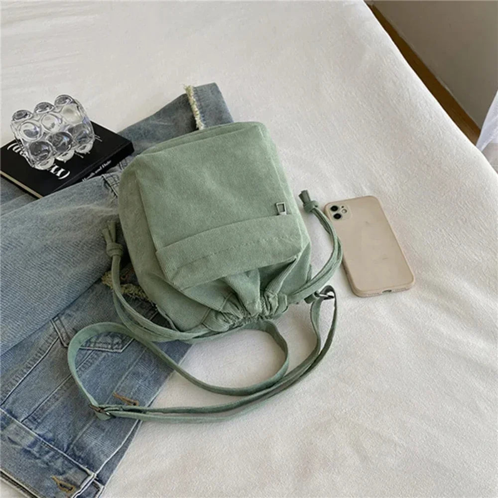 Bolsa Saco Feminina de Ombro com Cordão Estilo Coreano – Leve e Casual, 4 Cores
