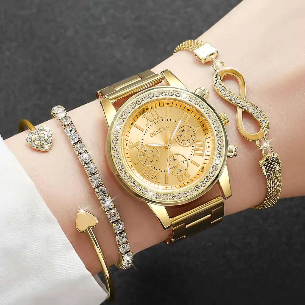 Conjunto 4 Peças Relógio Feminino com Strass e Pulseiras