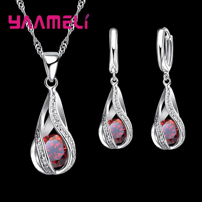 Conjunto Colar e Brincos de Argola com Zircônia Gota – 8 Cores