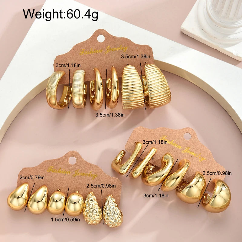 Kit 18 Pares de Brincos Argola Gota Vintage Punk – Dourado e Prateado, Uso Diário