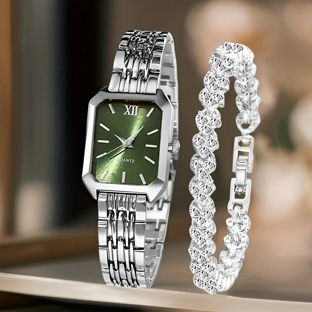 Kit 2 Peças Relógio Feminino Retangular de Quartzo com Pulseira de Strass