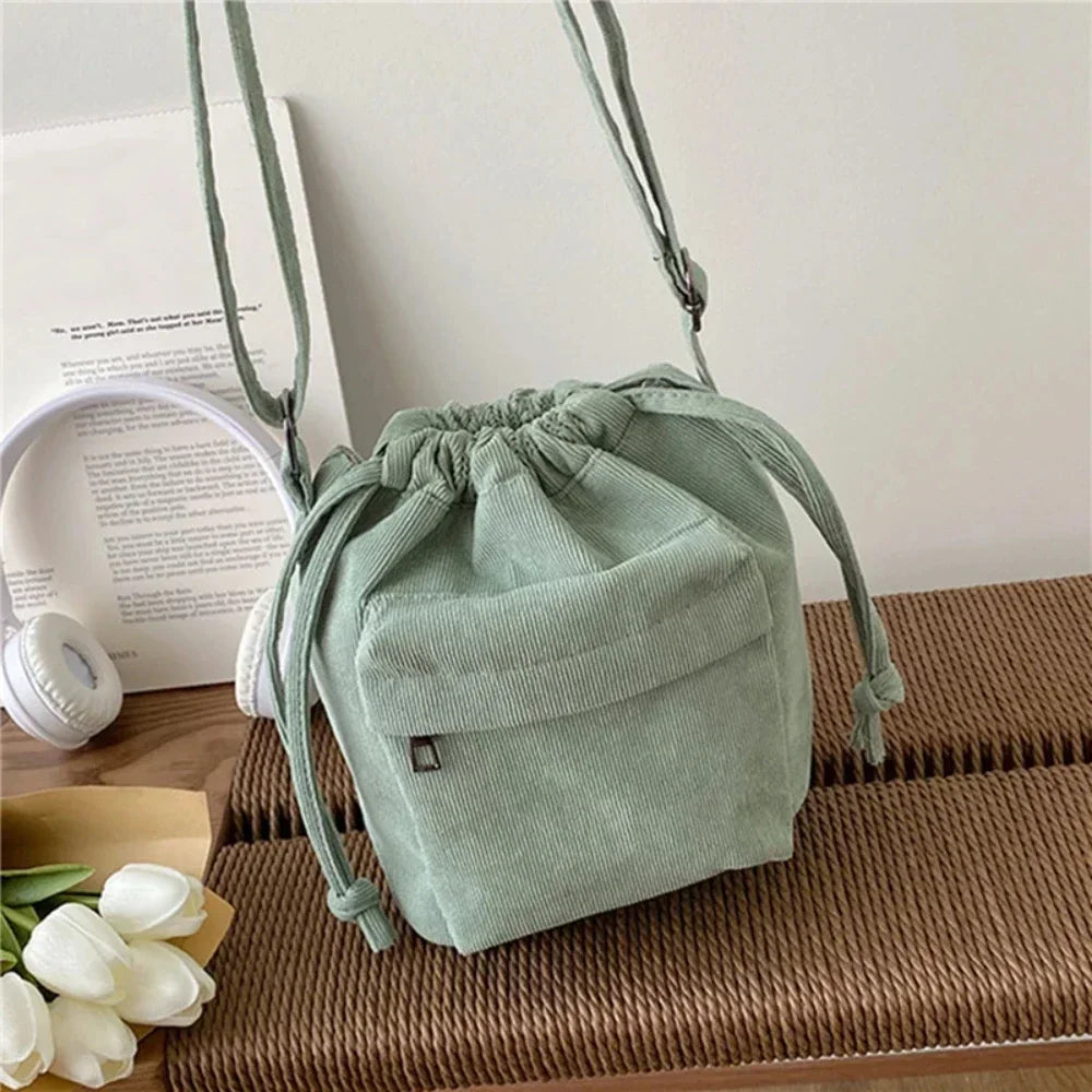 Bolsa Saco Feminina de Ombro com Cordão Estilo Coreano – Leve e Casual, 4 Cores