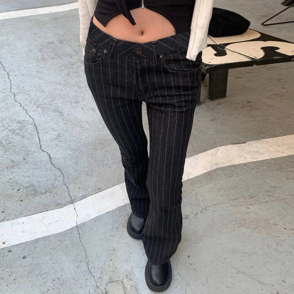 Calça Jeans Boot Cut Y2K Cintura Baixa Preta Listrada