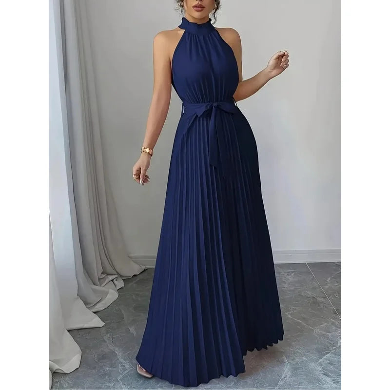 Vestido Longo Azul Marinho Ombro a Ombro com Laço na Cintura