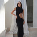 Vestido Longo Preto Sem Mangas com Recorte Vazado