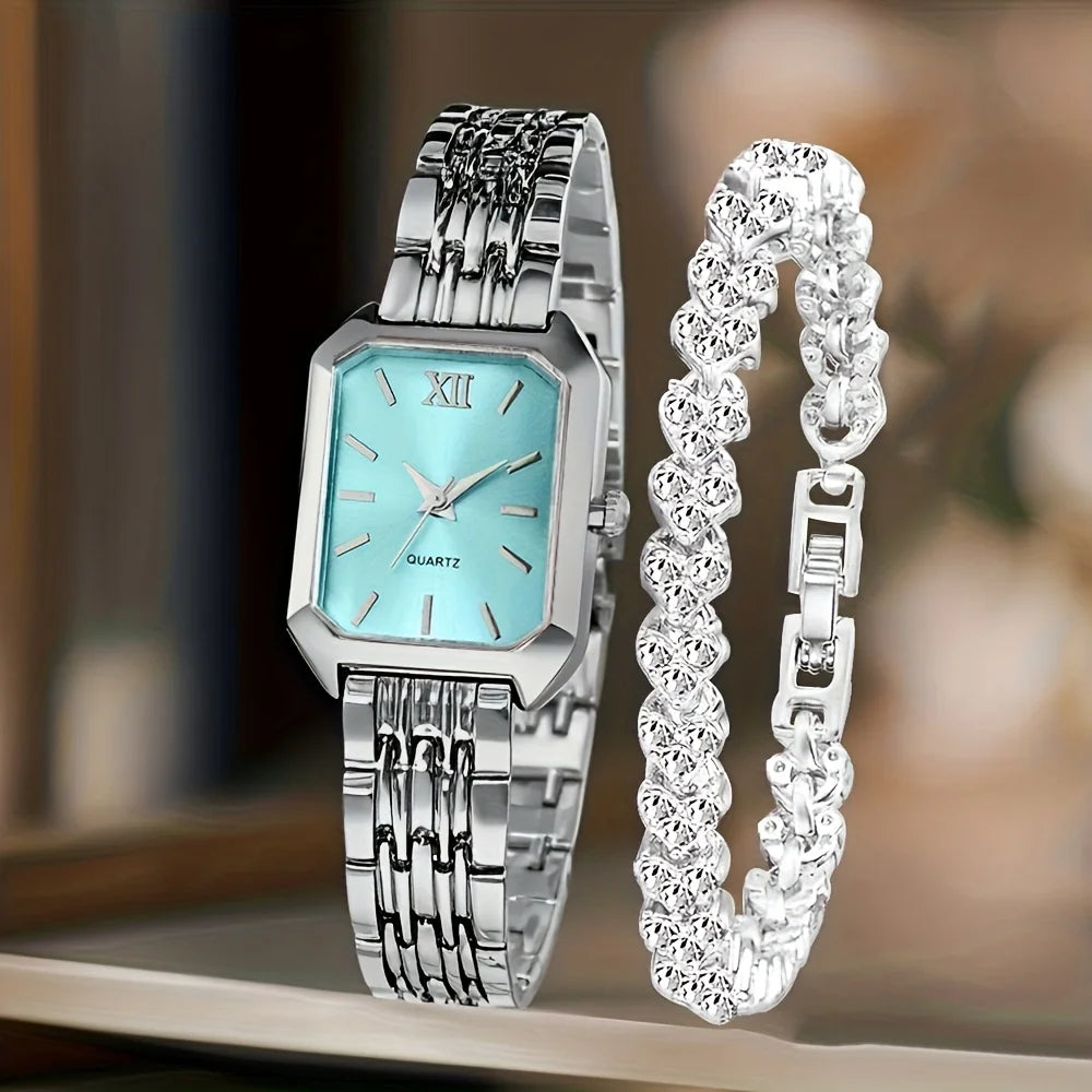 Kit 2 Peças Relógio Feminino Retangular de Quartzo com Pulseira de Strass