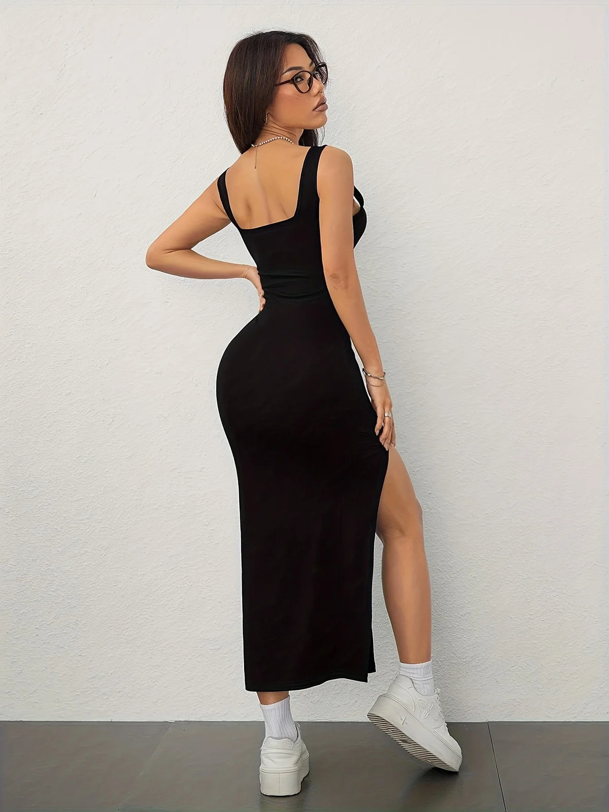 Vestido Elegante Ombro a Ombro Costas Nuas Fenda Alças