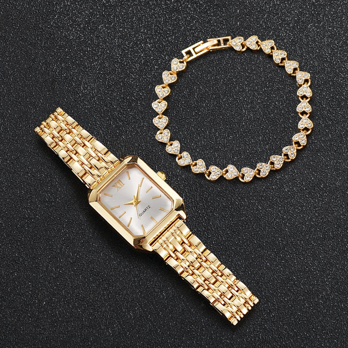 Kit 2 Peças Relógio Feminino Retangular de Quartzo com Pulseira de Strass