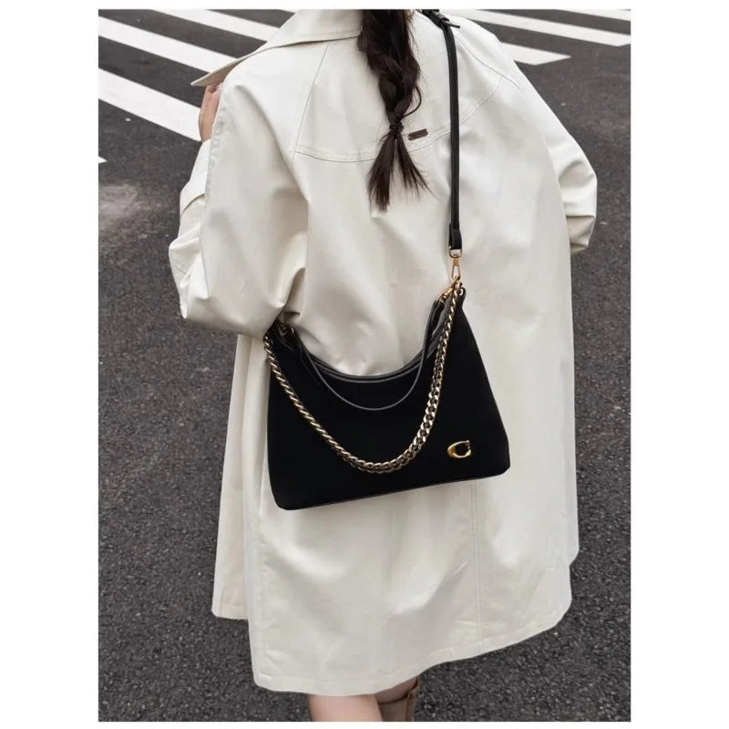 Bolsa Feminina Transversal de Ombro Preta, Grande Capacidade, Estilo Sofisticado