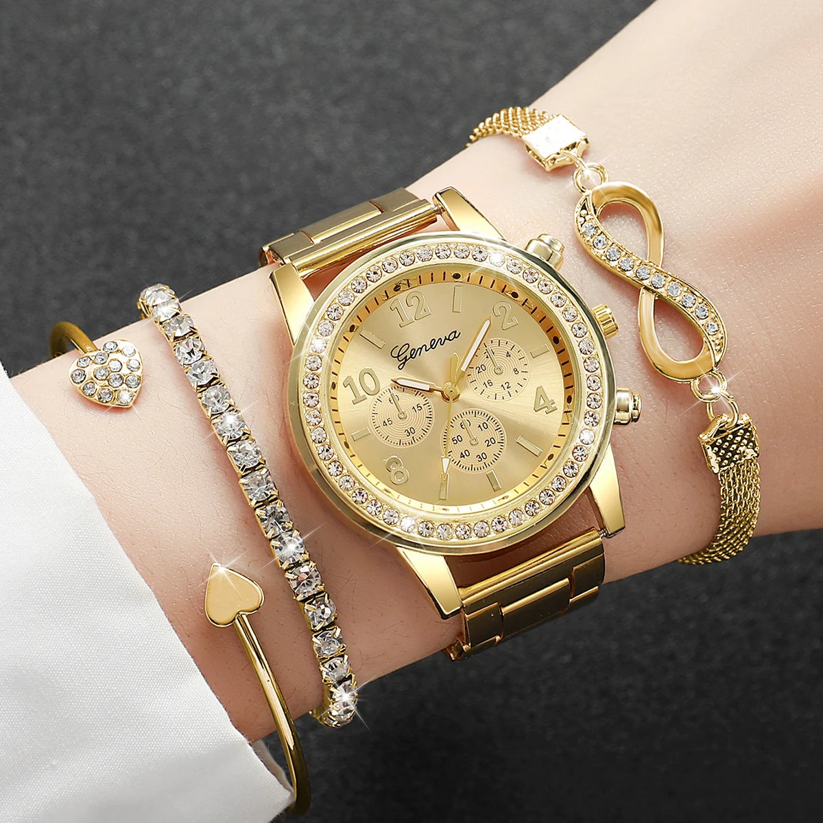 Conjunto 4 Peças Relógio Feminino com Strass e Pulseiras