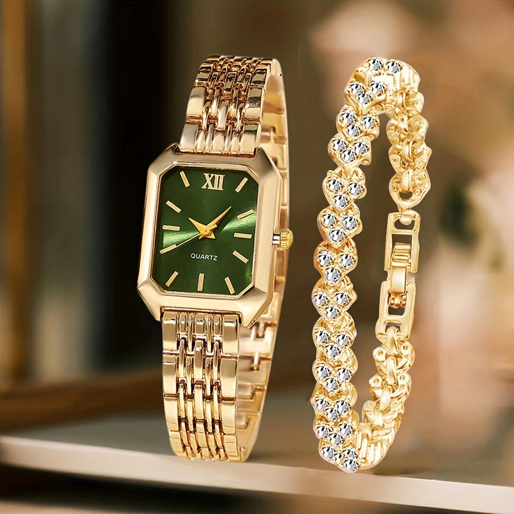 Kit 2 Peças Relógio Feminino Retangular de Quartzo com Pulseira de Strass