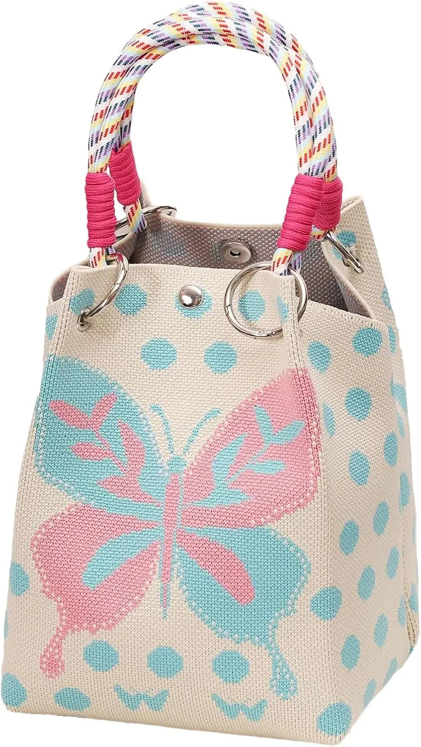 Mini Bolsa Bucket de Tricô Feminina com Alça Removível – Bolsa de Mão Geométrica Colorida