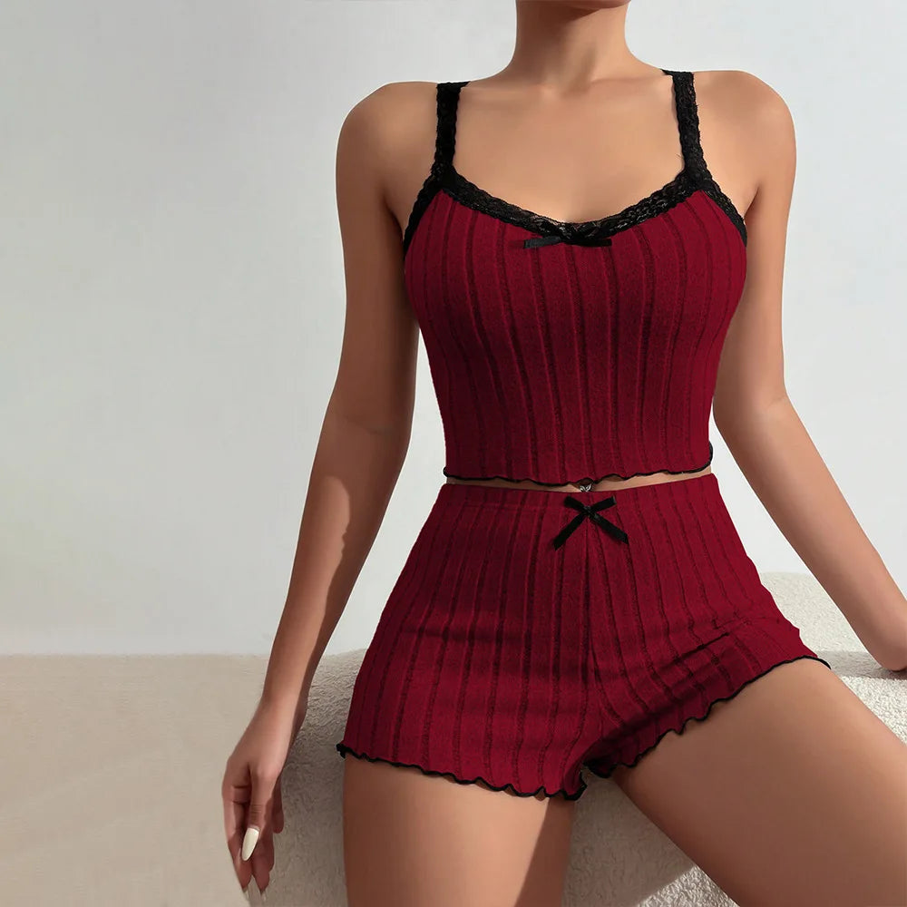 Conjunto Pijama Short com Alças e Laço Estampado Cetim Feminino