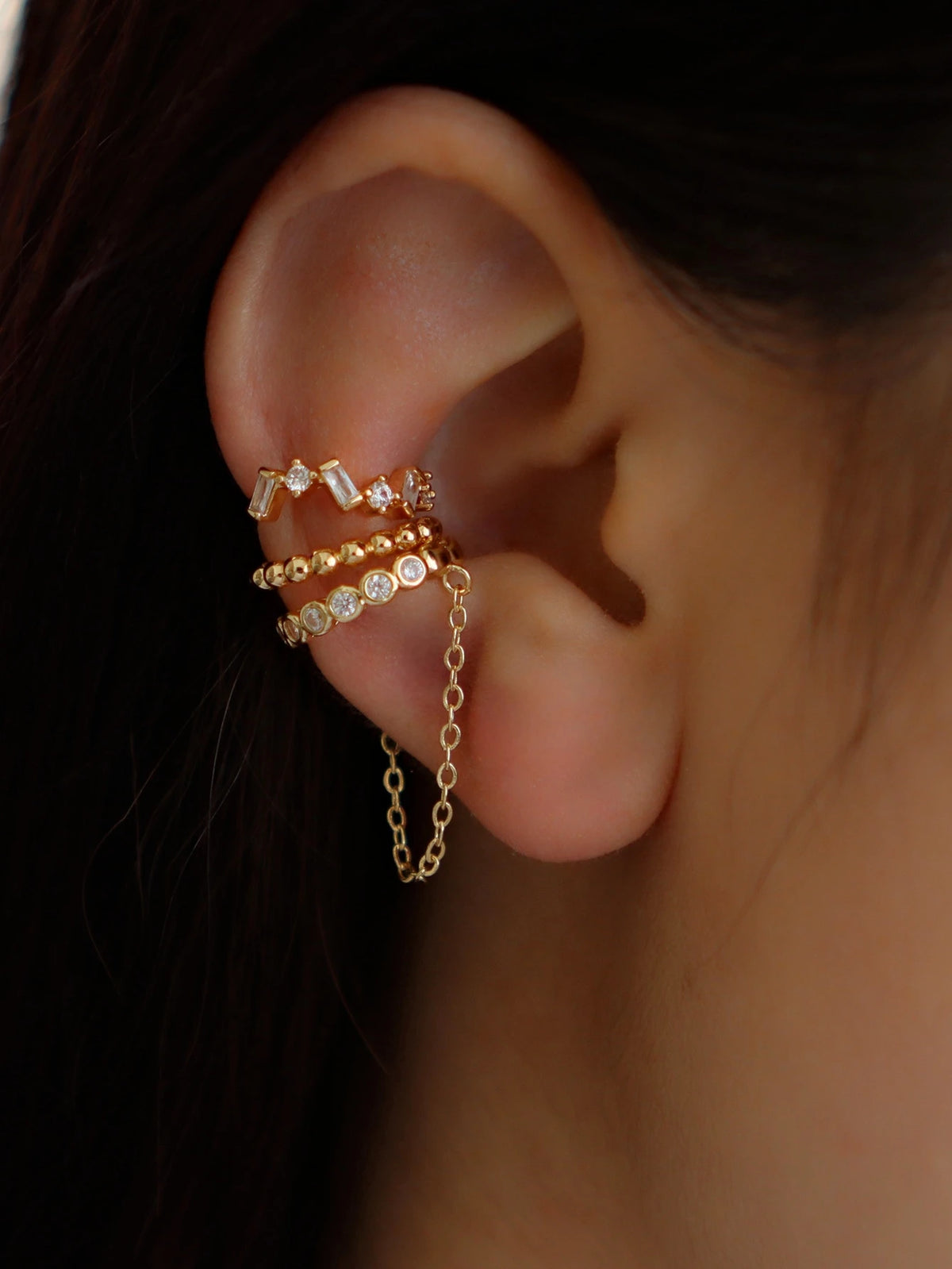 Conjunto 3 Peças Brincos Ear Cuff com Corrente Estilo Doce