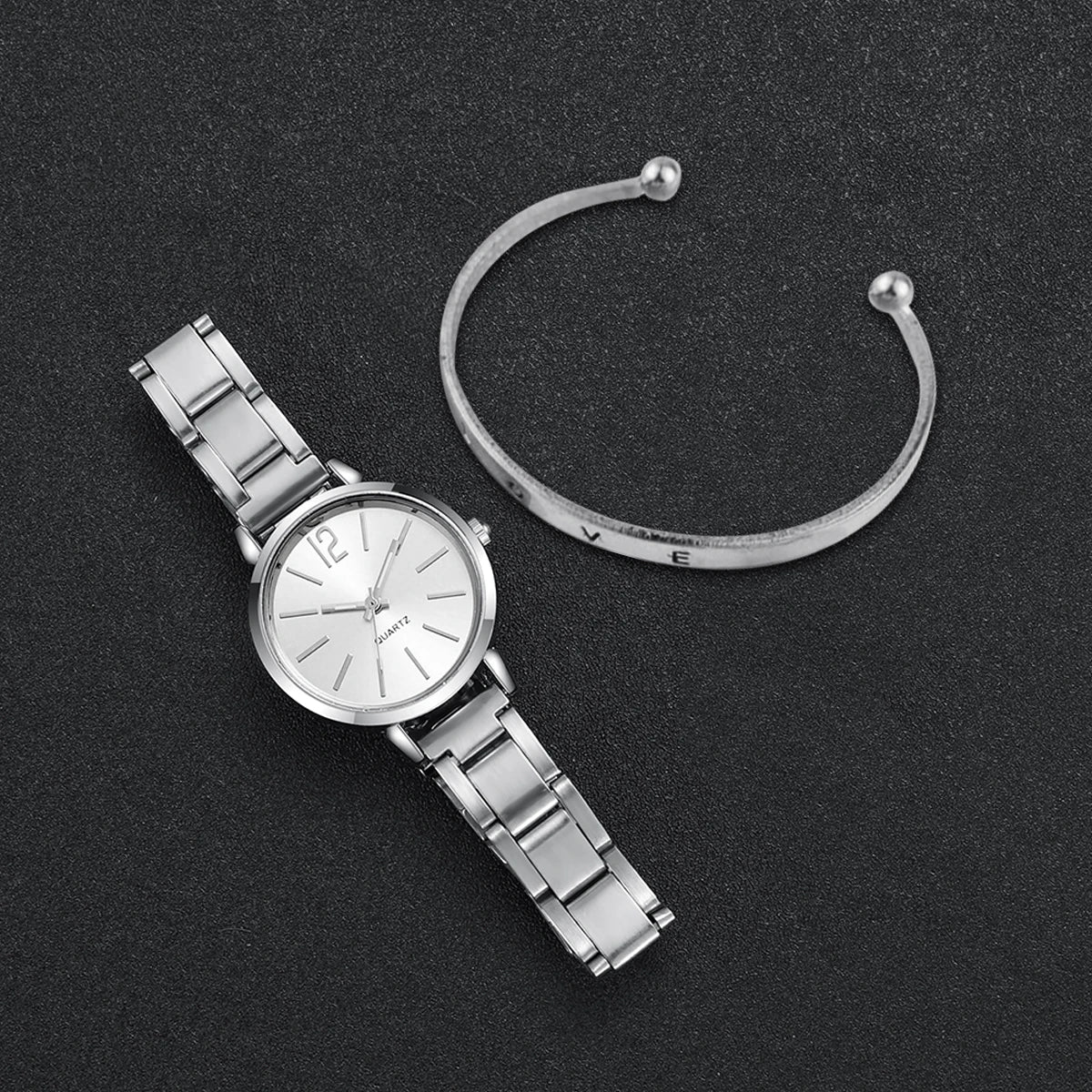 Conjunto 2 Peças Relógio Feminino de Aço com Pulseira Bracelete