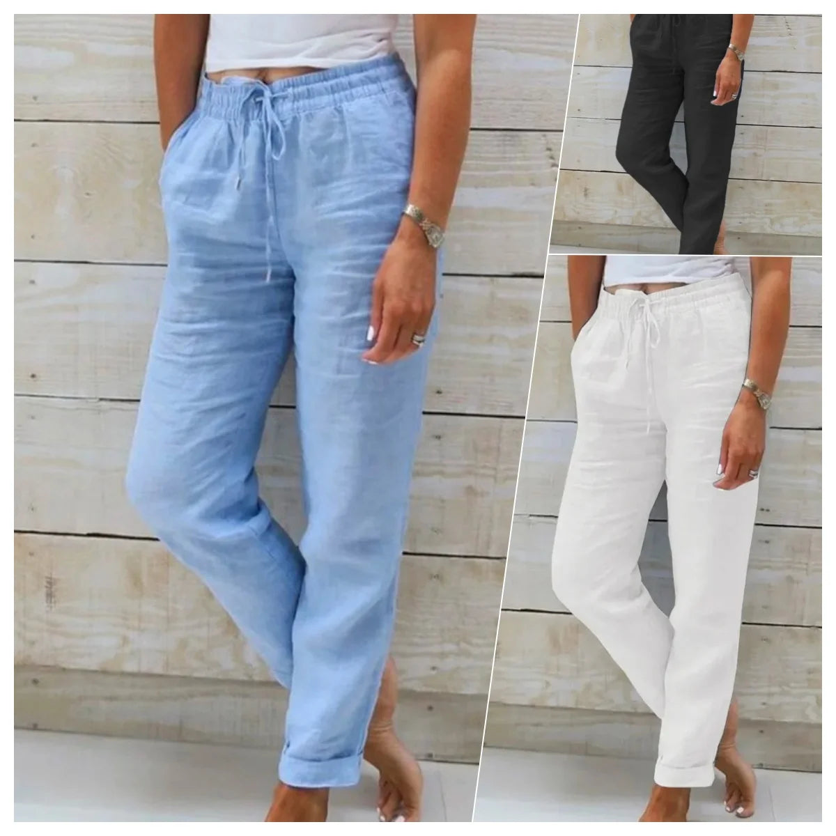 Calça Pantalona Feminina de Algodão e Linho com Cintura Elástica