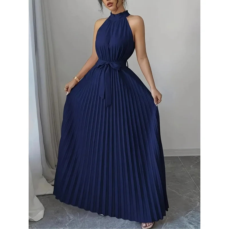 Vestido Longo Azul Marinho Ombro a Ombro com Laço na Cintura