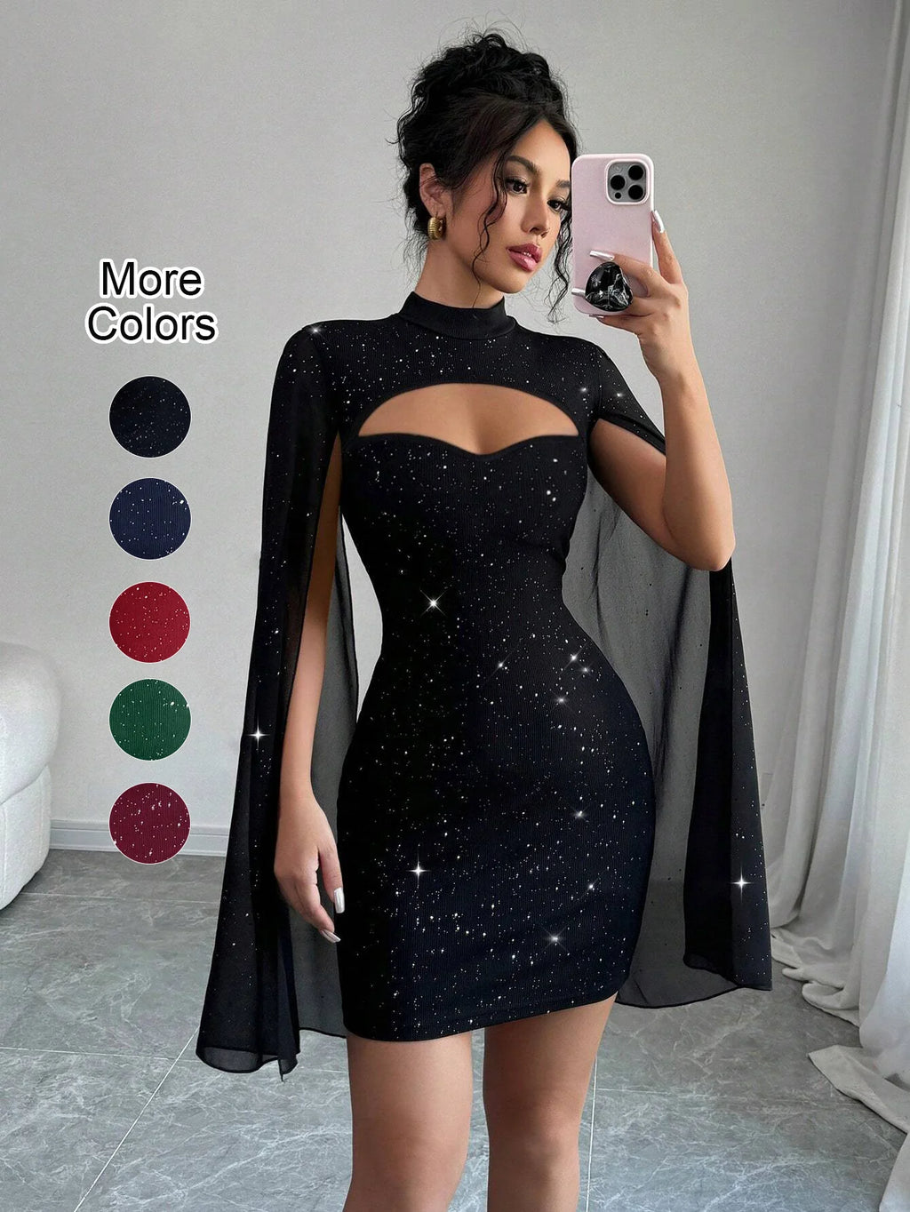 Vestido Curto Justo com Capa e Gola Alta – Brilho de Lantejoulas para Festa e Balada