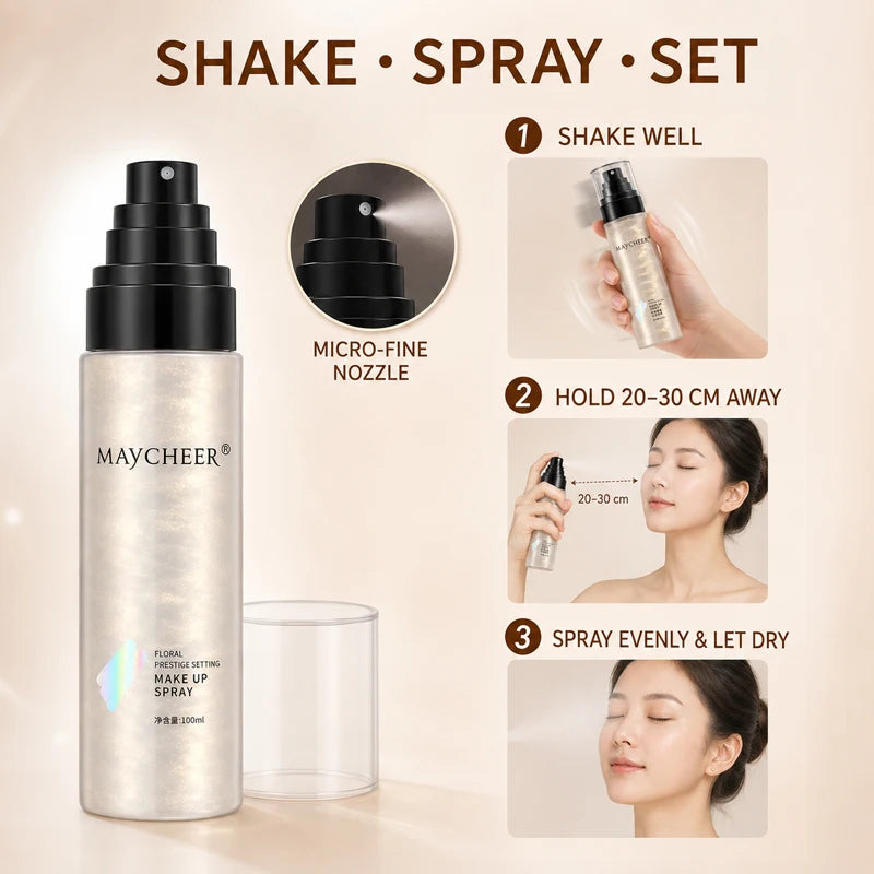 Spray Fixador de Maquiagem 100ml MAYCHEER – Névoa Ultrafina, Longa Duração e Efeito Glow