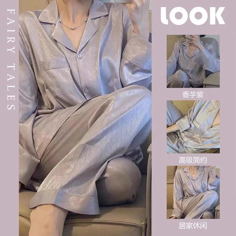 Conjunto Pijama Manga Longa de Cetim Gelado Feminino Primavera Outono