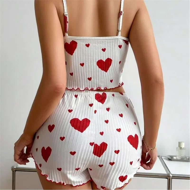 Conjunto Pijama Feminino Regata e Short com Estampa de Coração Vermelho Lingerie Sexy (P ao GG)