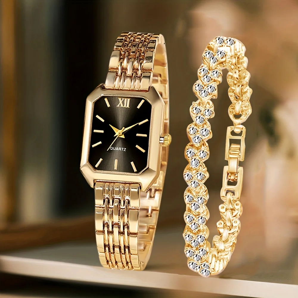 Kit 2 Peças Relógio Feminino Retangular de Quartzo com Pulseira de Strass