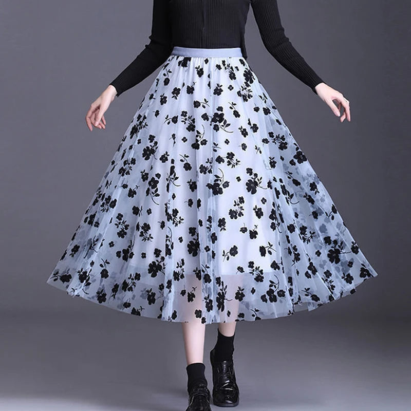 Saia Midi de Tule com Flores Bordadas Cintura Alta – Estilo Coreano
