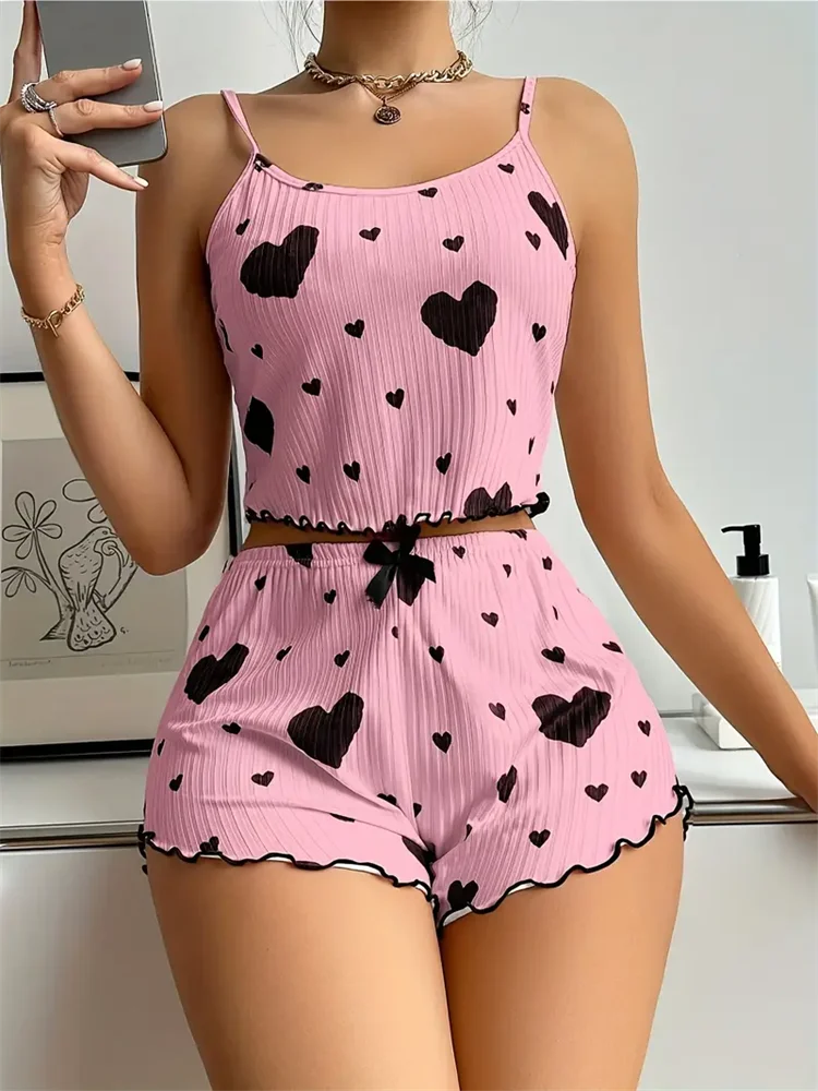 Conjunto Pijama Feminino Regata e Short com Estampa de Coração Vermelho Lingerie Sexy (P ao GG)