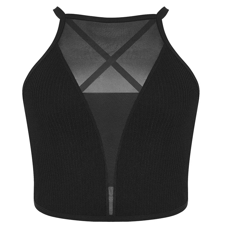 Top Cropped Feminino Canelado com Tule e Costas Abertas