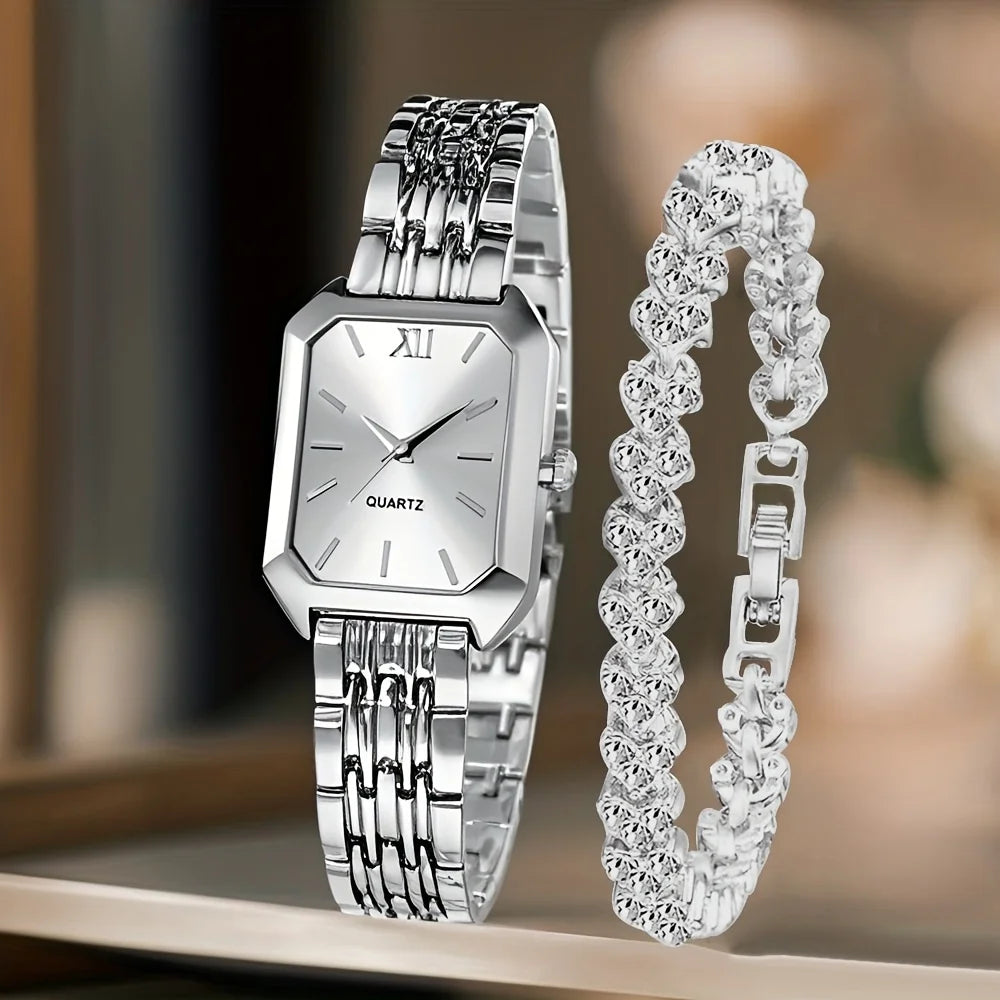 Kit 2 Peças Relógio Feminino Retangular de Quartzo com Pulseira de Strass