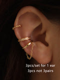 Conjunto 3 Peças Brincos Ear Cuff com Corrente Estilo Doce