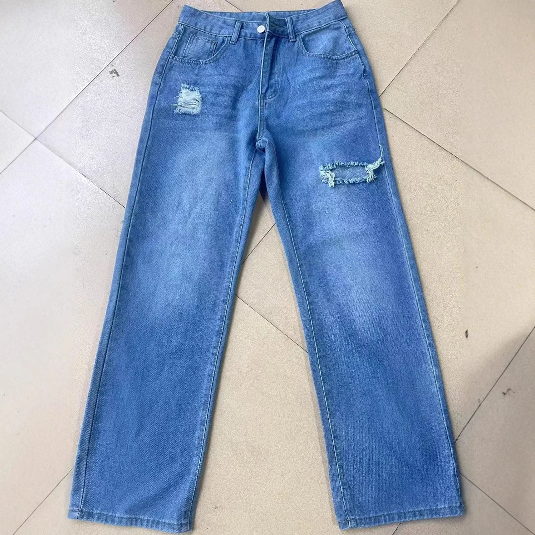Calça Jeans Azul Rasgada Feminina Barra Desfiada